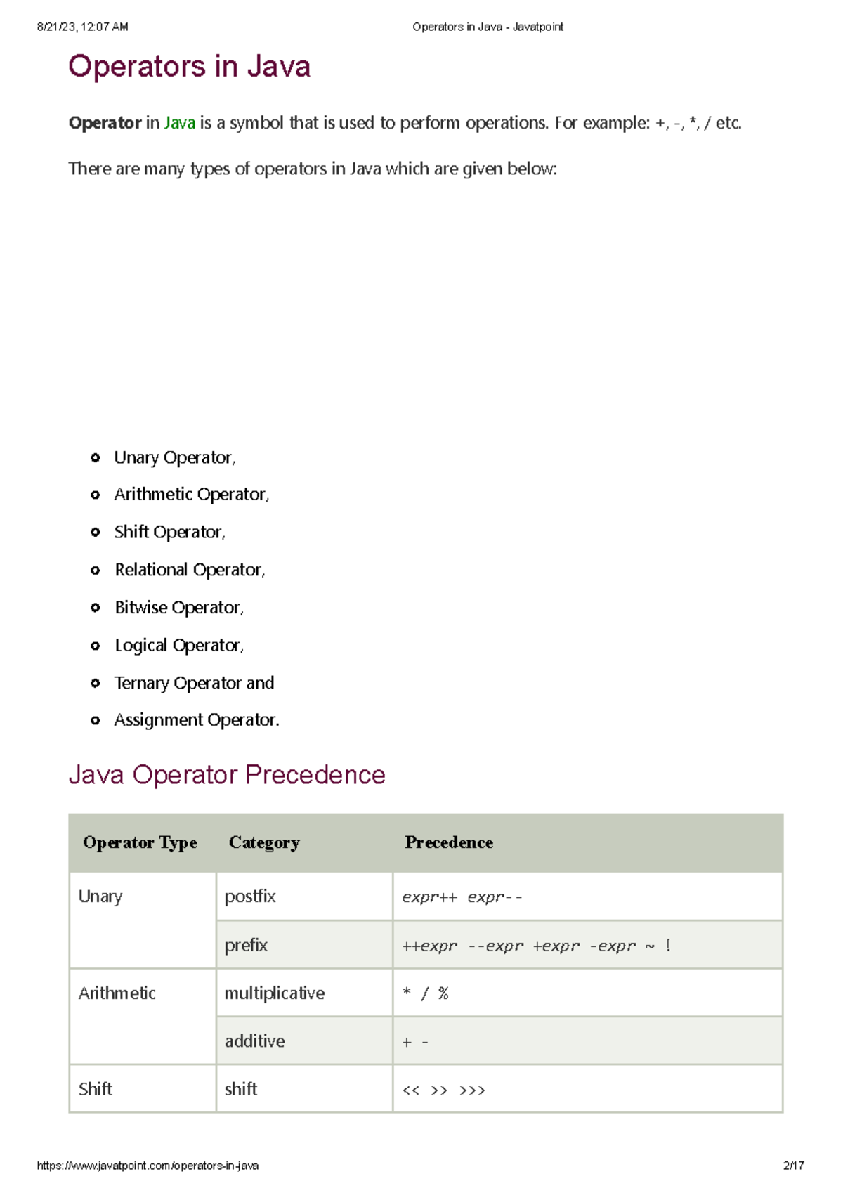 8 Java Operators - java notes - Operators in Java Operator in Java is a ...