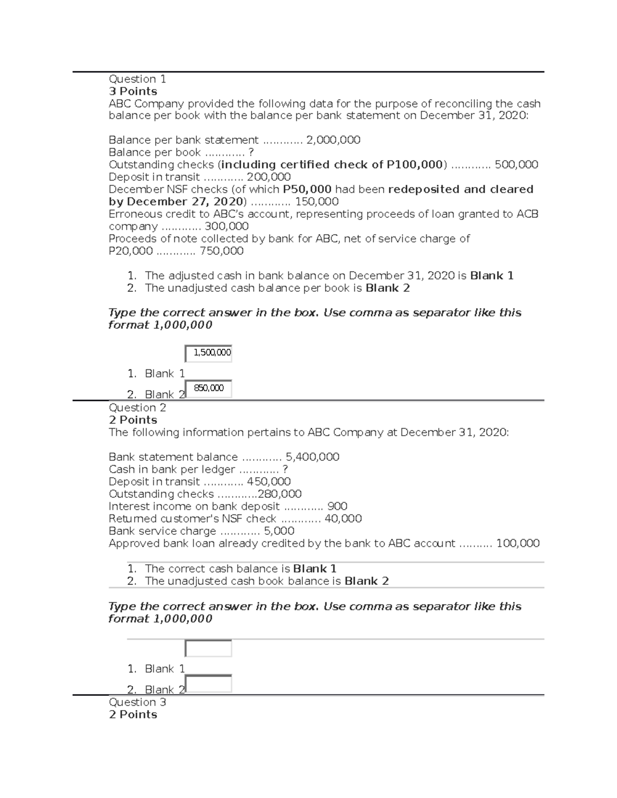 Quiz 01 Bank Reconciliation - Practice Materials - Question 1 3 Points ...