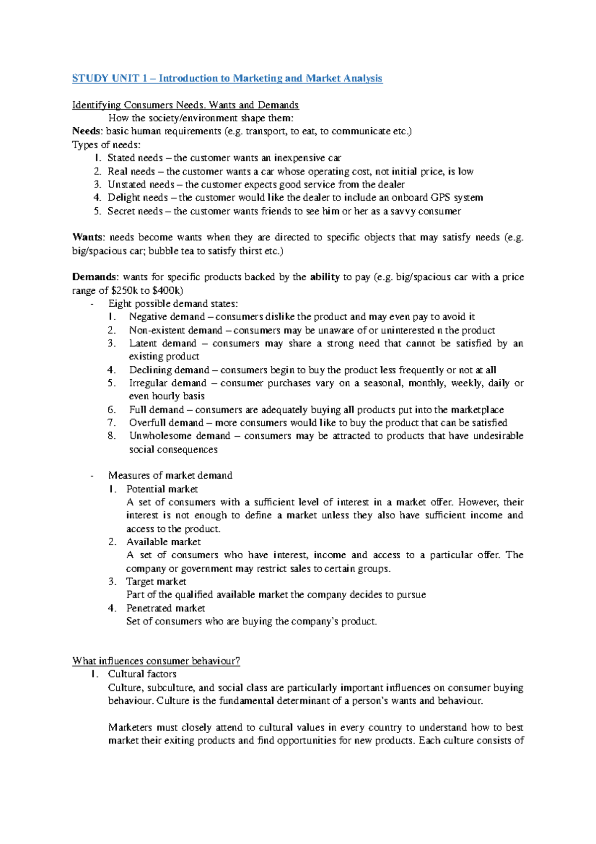 MKT202 SU1 - Lecture notes 1 - STUDY UNIT 1 – Introduction to Marketing ...