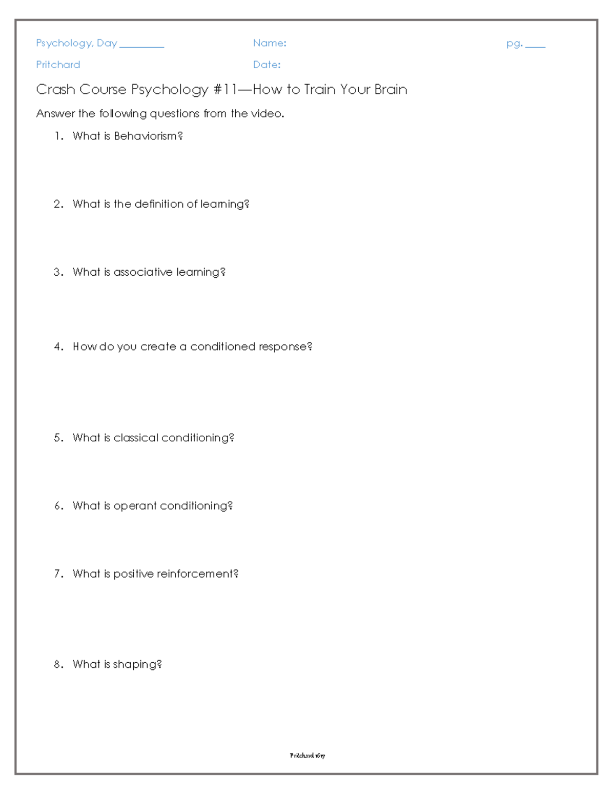 CC Psych 11 Crash Course Worksheets Psychology, Day