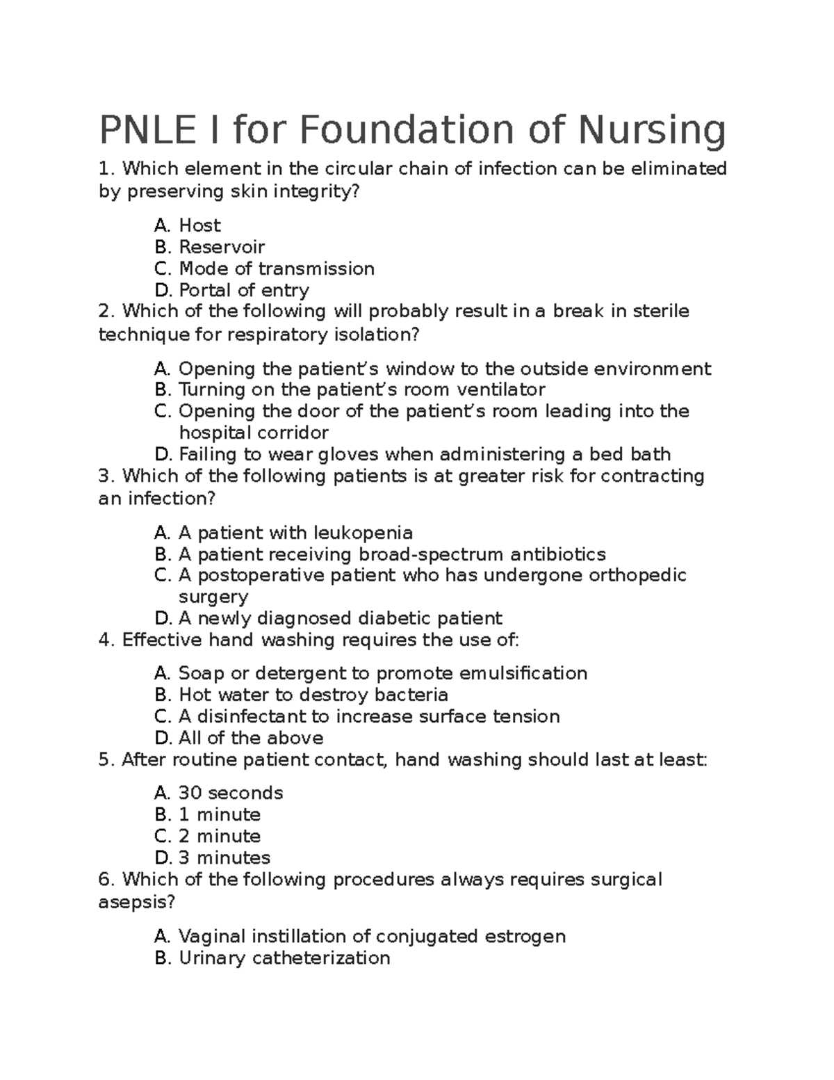 Pnle I For Foundation Of Nursing - Host B. Reservoir C. Mode Of 