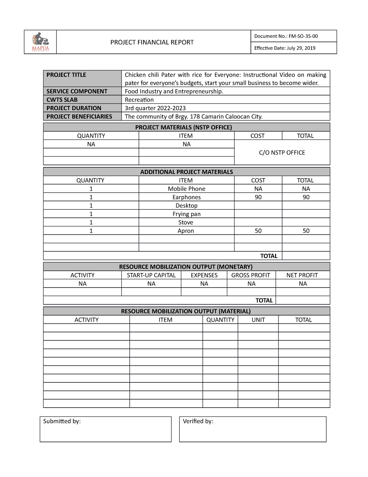 Project Financial Report - PROJECT FINANCIAL REPORT Document No.: FM-SO ...