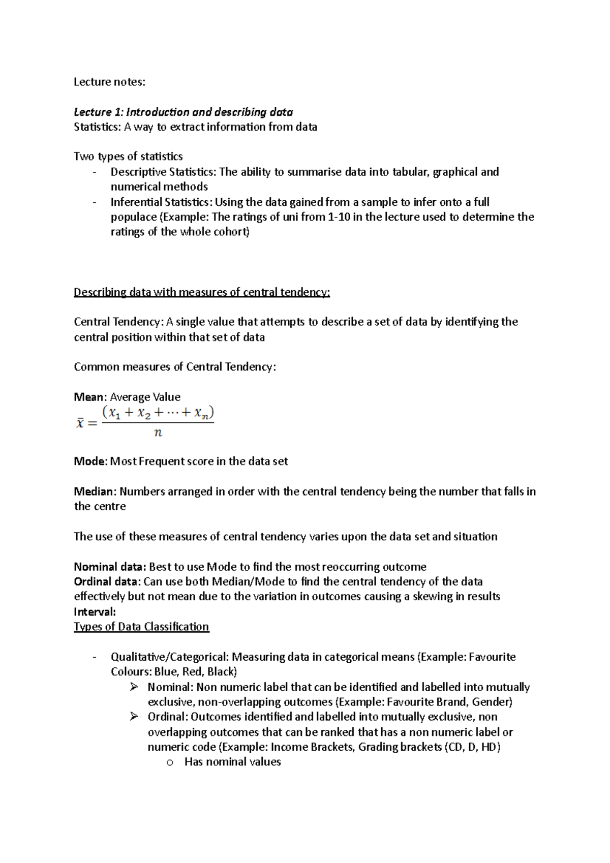 Lecture notes - Lecture notes: Lecture 1: Introduction and describing ...