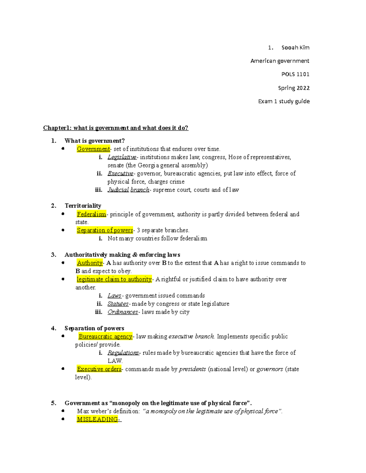 American Gove Exam 1 Study Guid - Sooah Kim American Government POLS ...