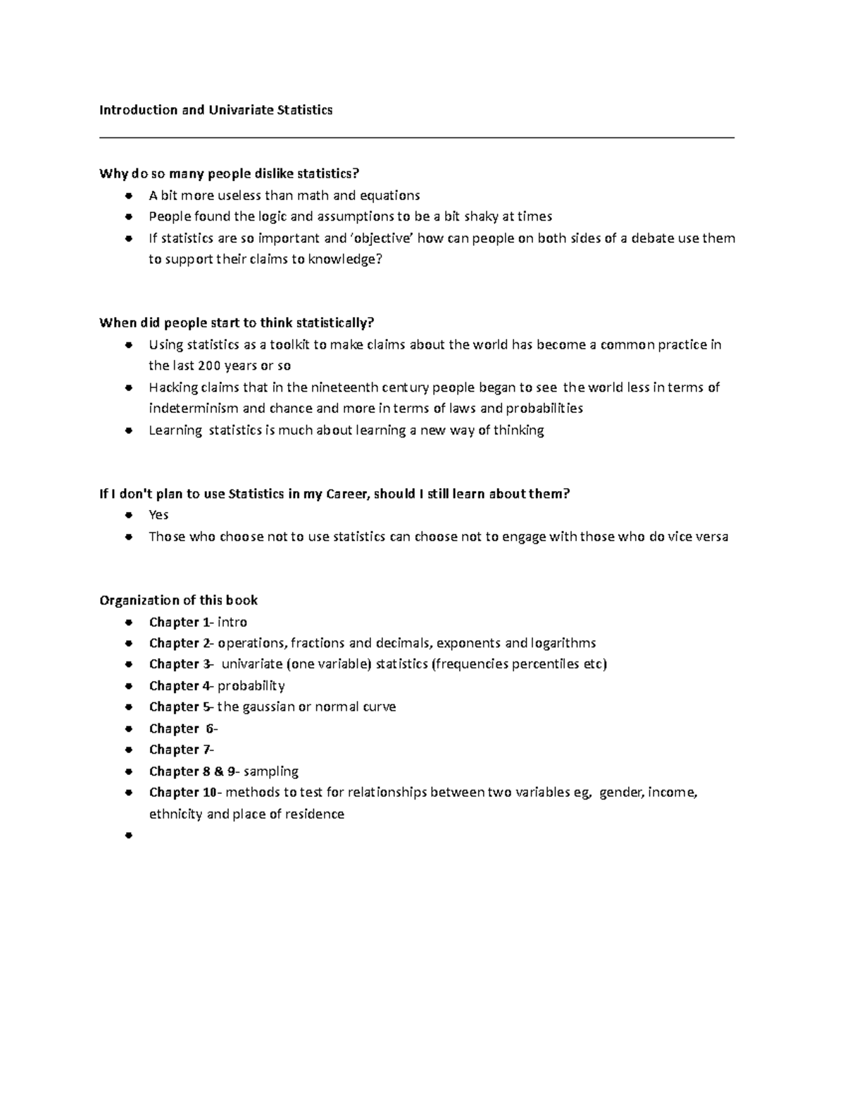 Week 1 Notes (lecture And Textbook) - Introduction And Univariate ...