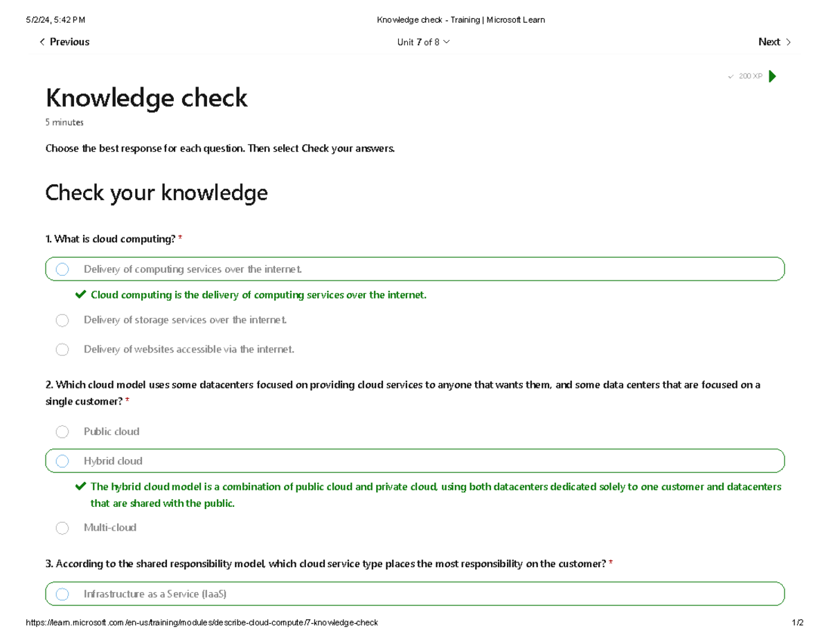 Knowledge check - Training Microsoft Learn - R Previous Unit 7 of 8 S ...