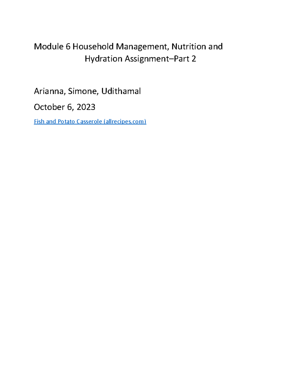 Module 6 Group Assignment 1 - Module 6 Household Management, Nutrition ...