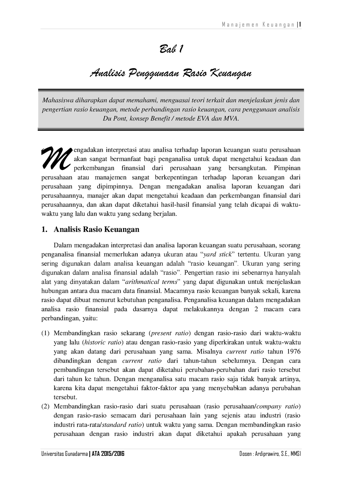 C1 - Lecture Notes - Bab 1 Analisis Penggunaan Rasio Keuangan Mahasiswa ...