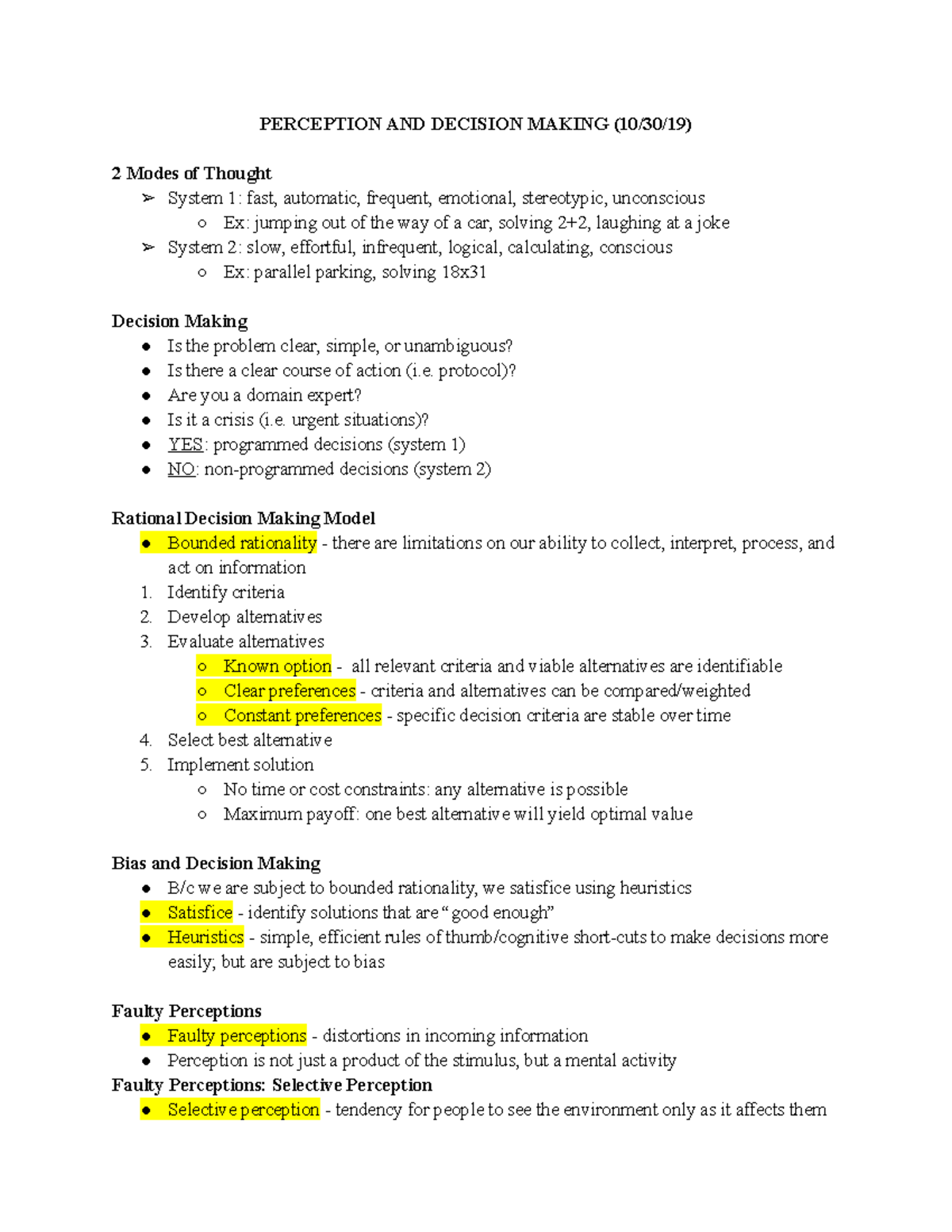 MGMT 300 Lecture Notes 2 - PERCEPTION AND DECISION MAKING (10/30/19) 2 ...