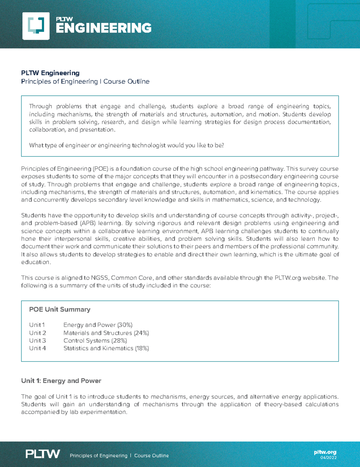 Principles of Engineering Course Outline 4 pltw 04/ ENGINEERING
