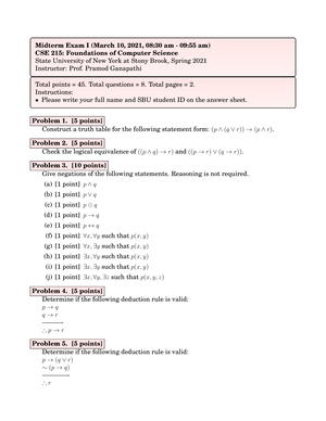 CSE215-2021Spring-Midterm 1 - Midterm Exam I (March 10, 2021, 08:30 am -  09:55 am) CSE 215: - Studocu