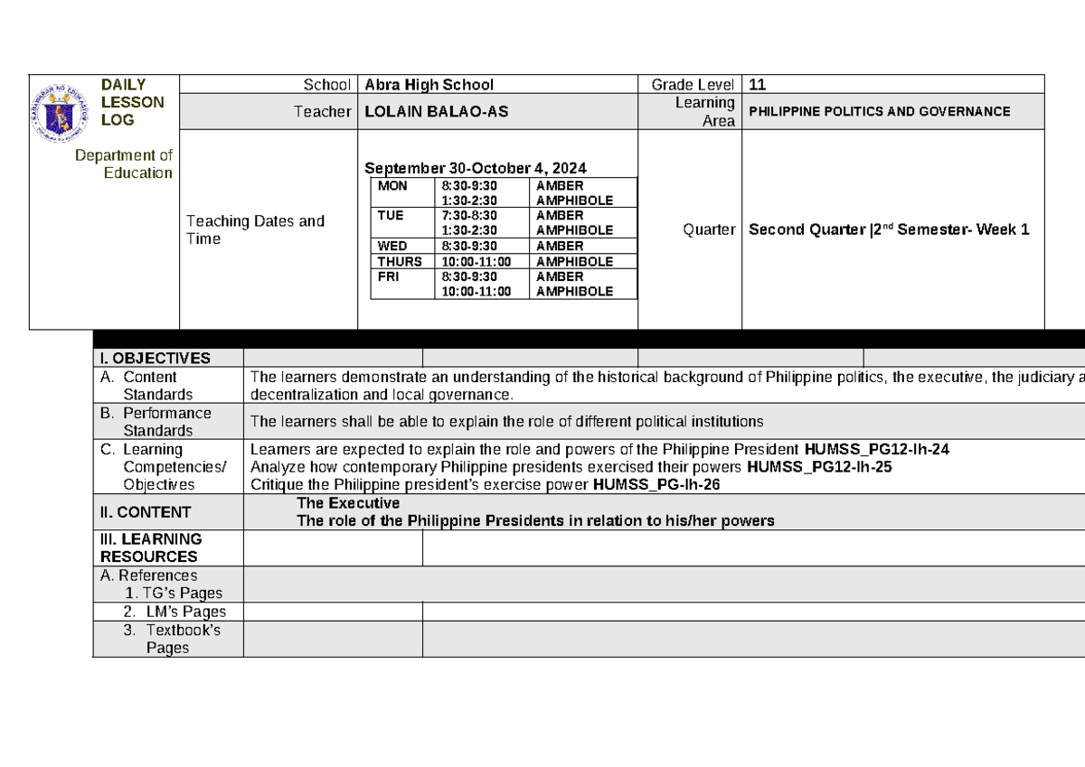 PPG Week h - The Executive - DAILY LESSON LOG Department of Education ...