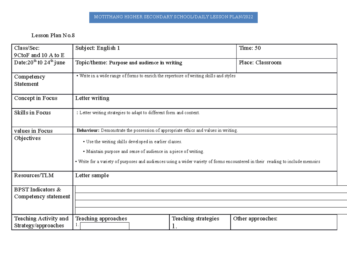 8.Daily Lesson Plan sample English - Lesson Plan No. Class/Sec: 9CtoF ...