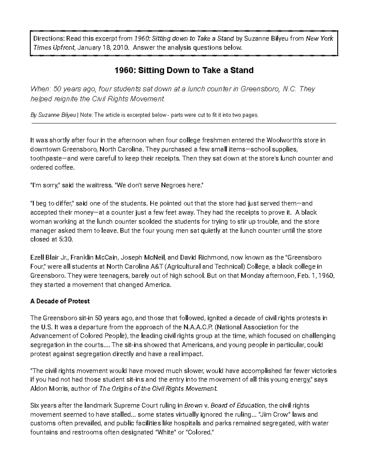 Hezekiah Dawkins - ( English) Civil Rights Movement: Greensboro Sit In ...