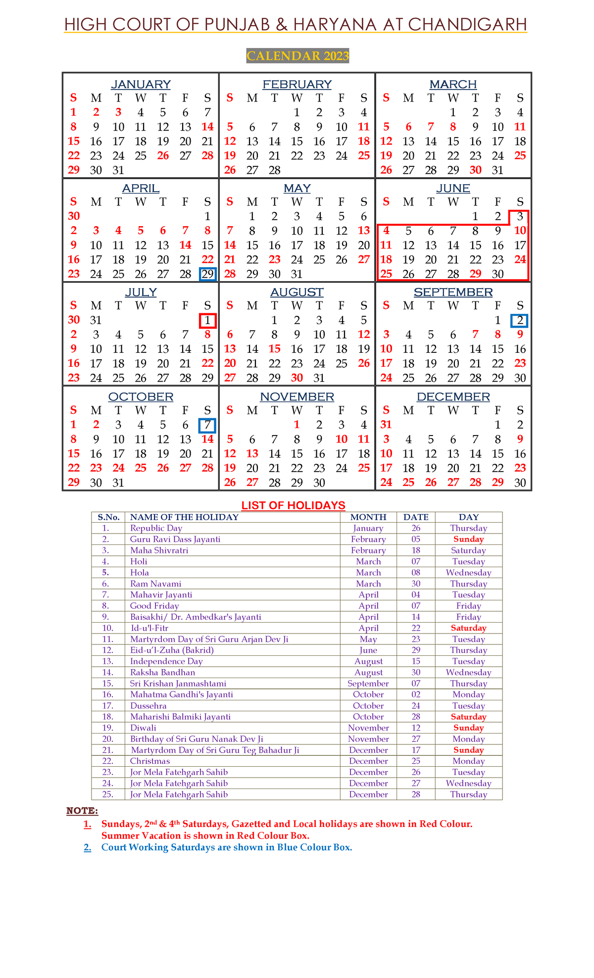 Calender 2023 hc HIGH COURT OF PUNJAB & HARYANA AT CHANDIGARH