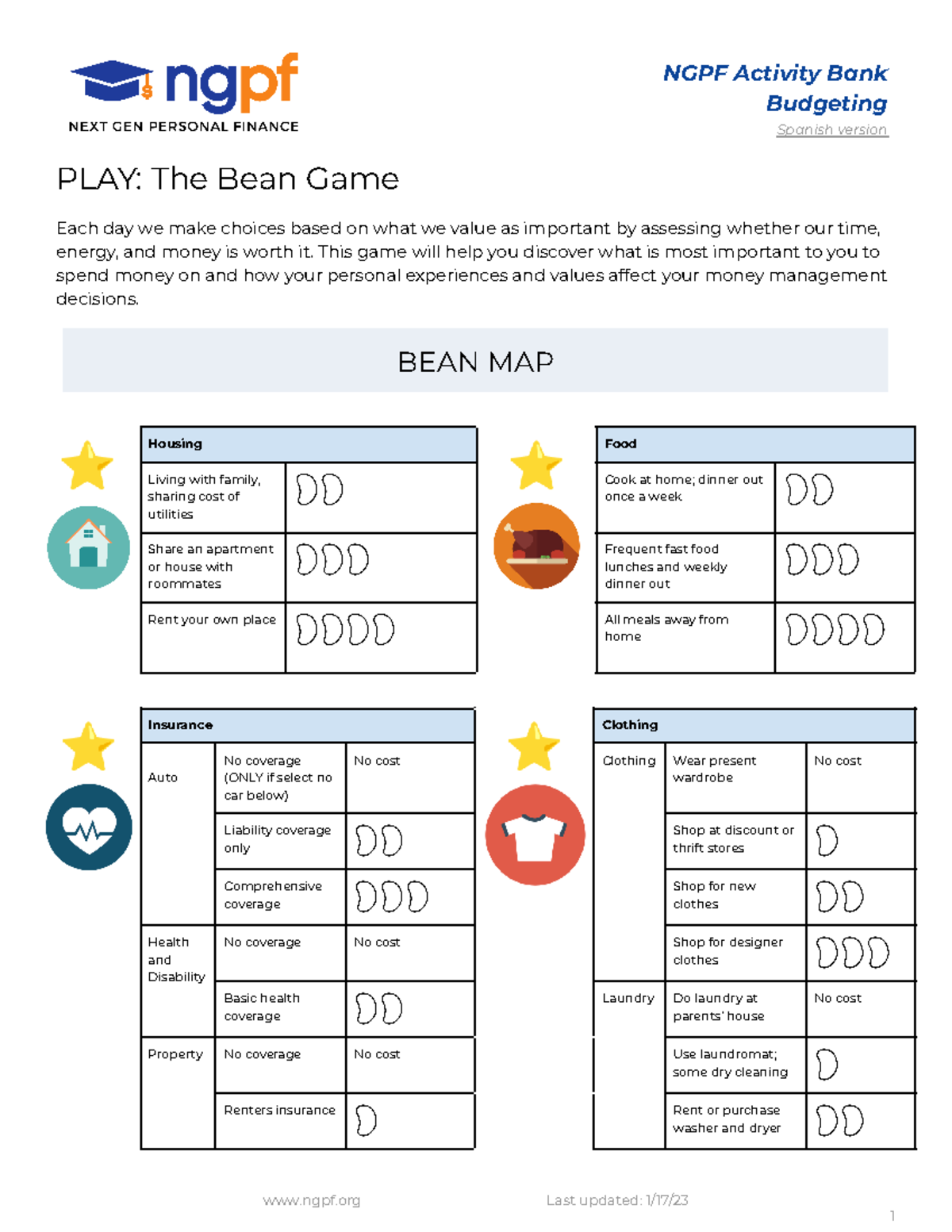 PLAY The Bean Game Worksheet NGPF Activity Bank Budgeting Spanish