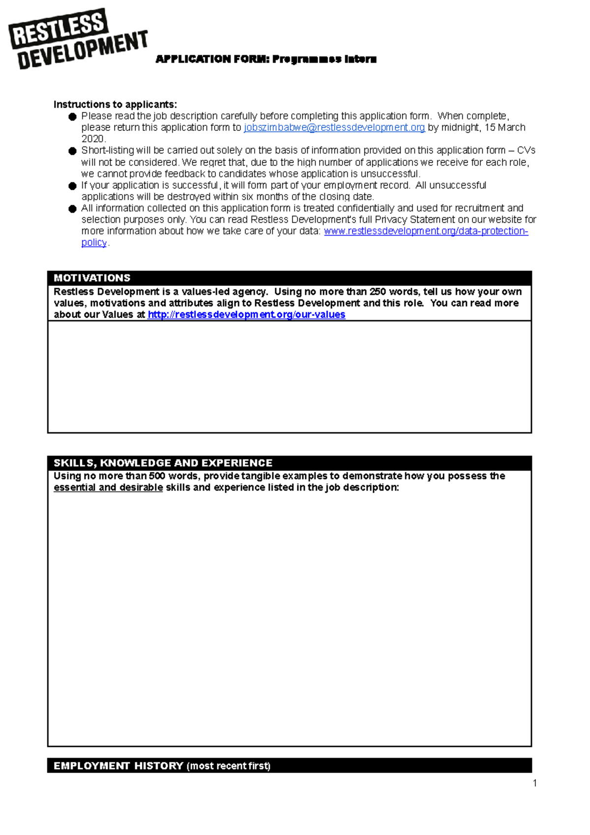 Programmes intern application form - APPLICATION FORM: Programmes ...