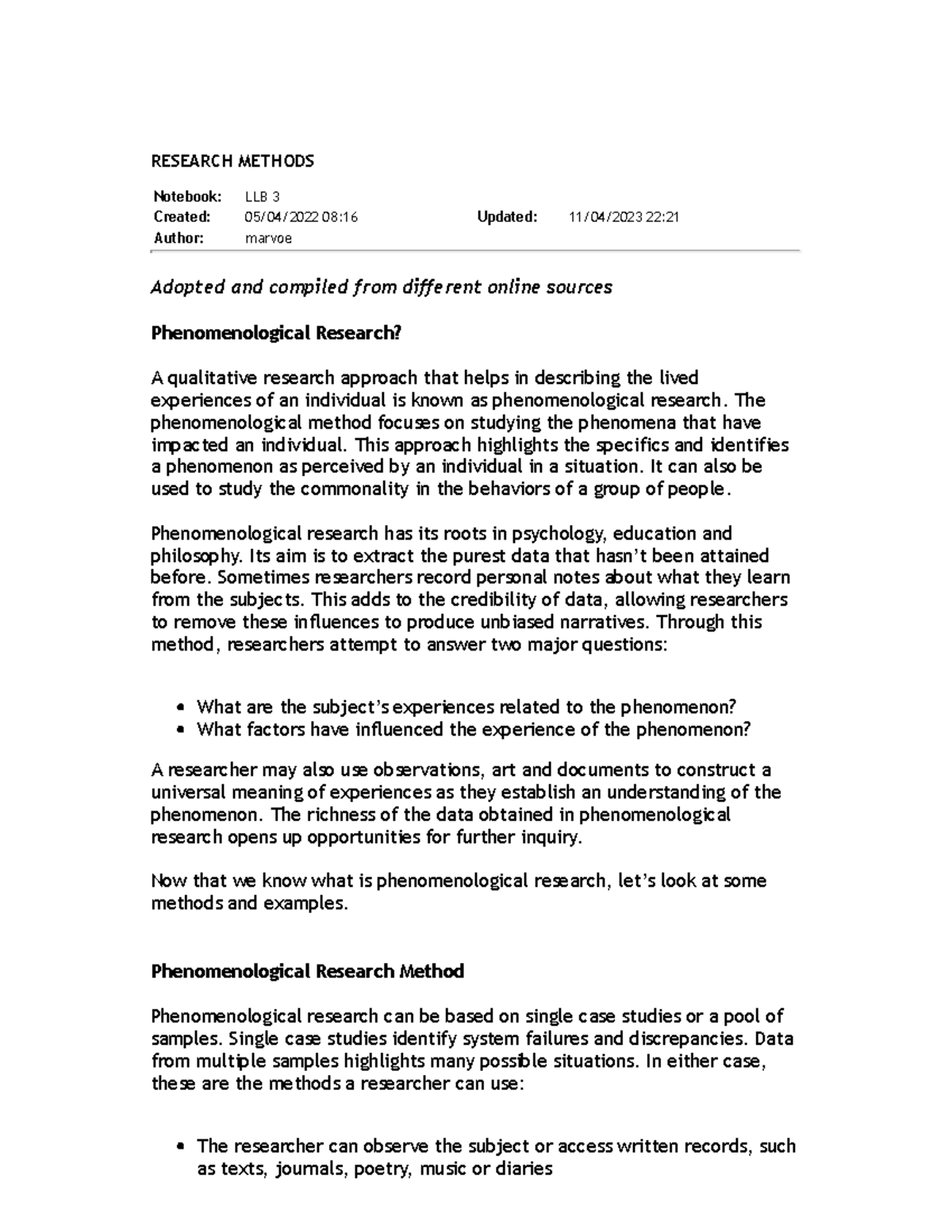 Research Method Notes Notebook LLB 3 Created 05/04/2022 0816