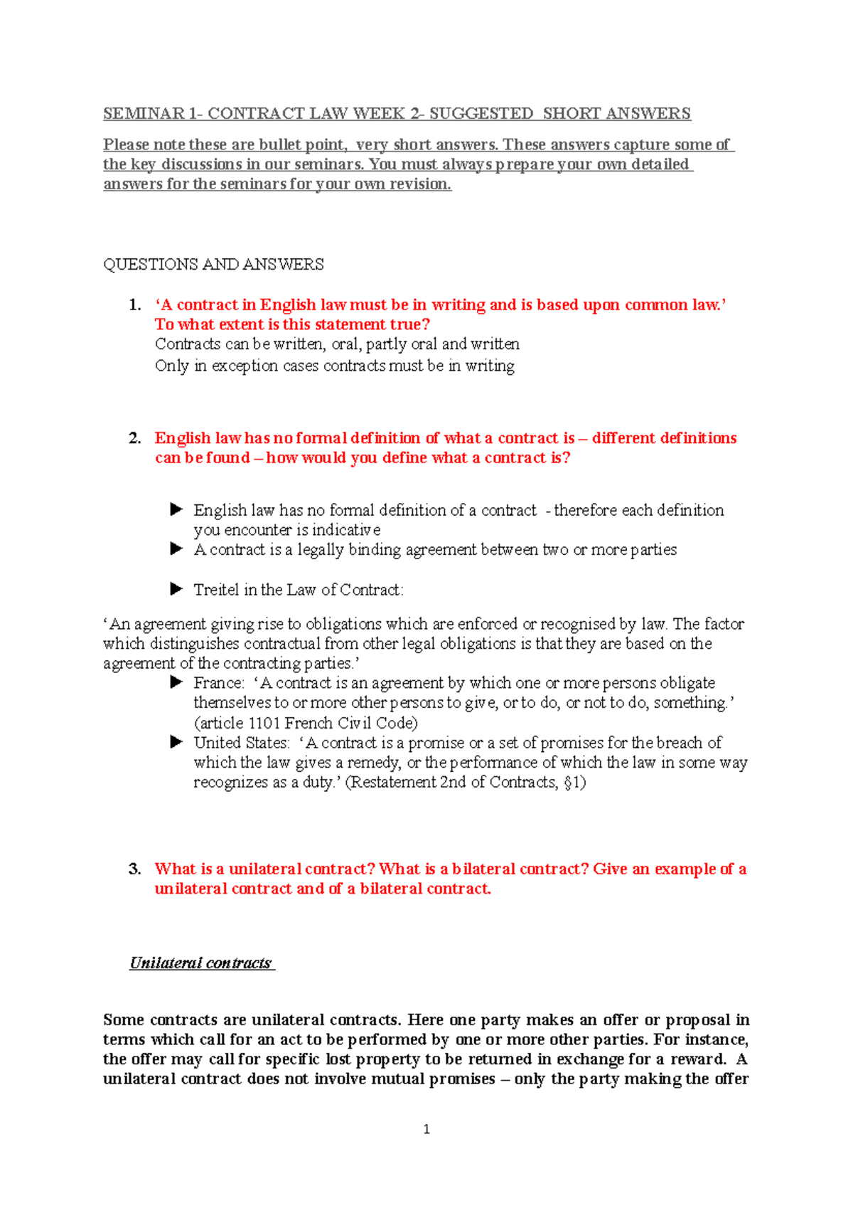 Seminar 1 contract law suggested answers - SEMINAR 1- CONTRACT LAW WEEK ...