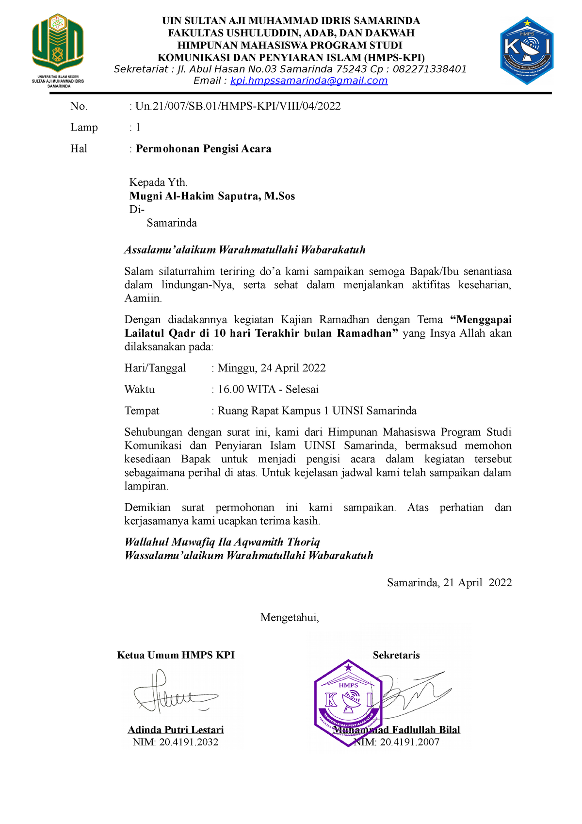 Surat Permohonan Pengisi Acara Uin Sultan Aji Muhammad Idris