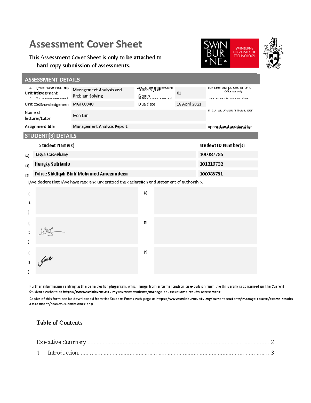 Management Analysis Group Report (MGT60040) - Assessment Cover Sheet ...