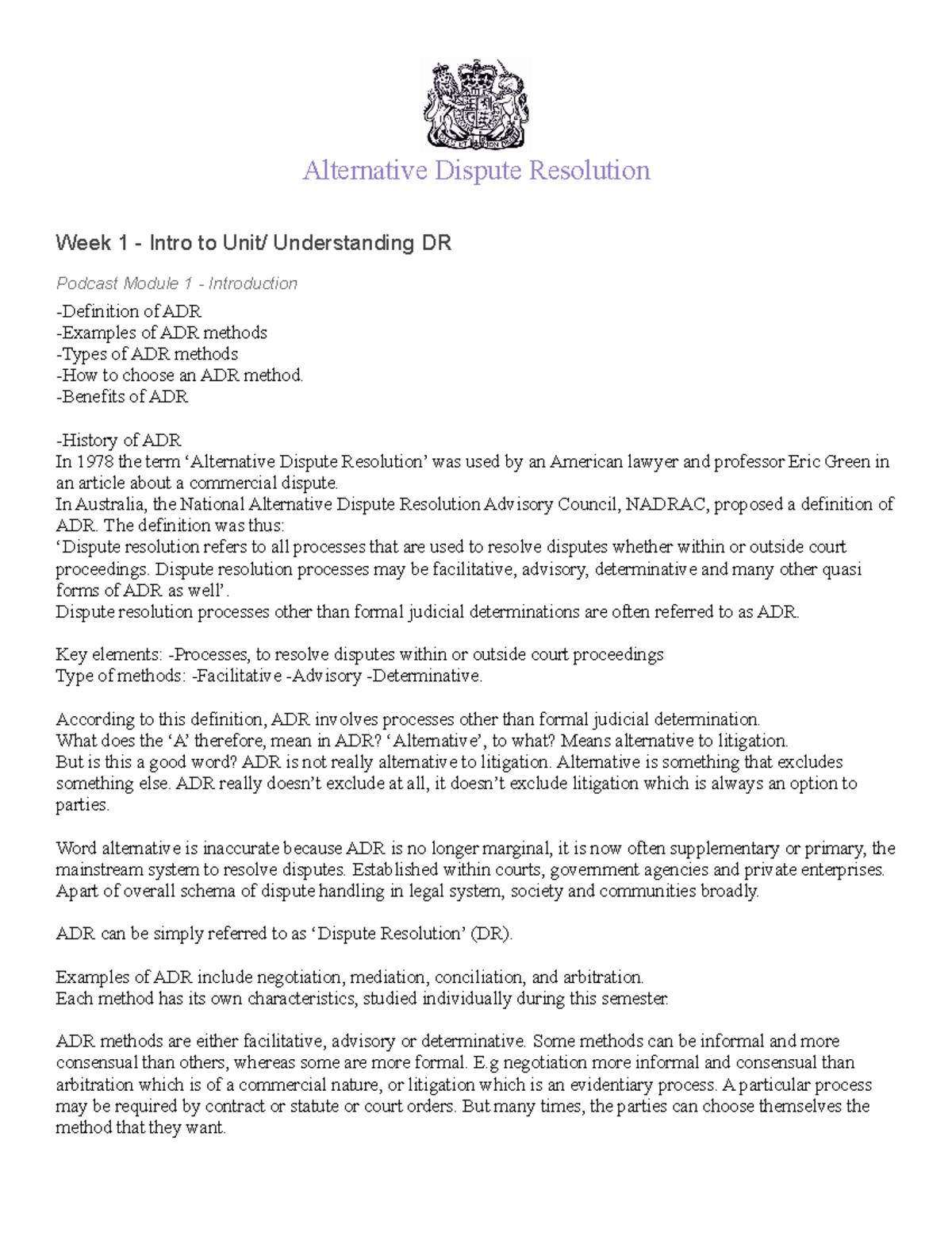 ADR - Notes include [direct dictation] from lecture pods/materials used ...