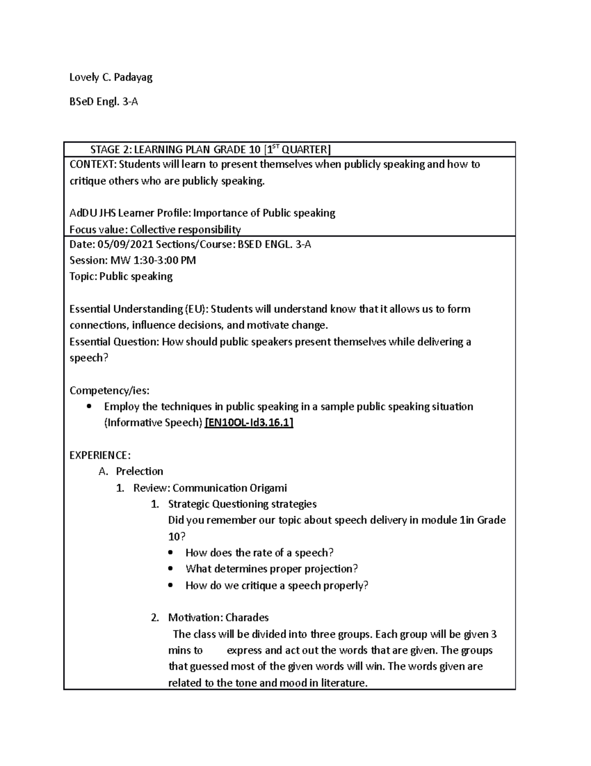 Learning PLAN IN English 10 - Lovely C. Padayag BSeD Engl. 3-A STAGE 2 ...