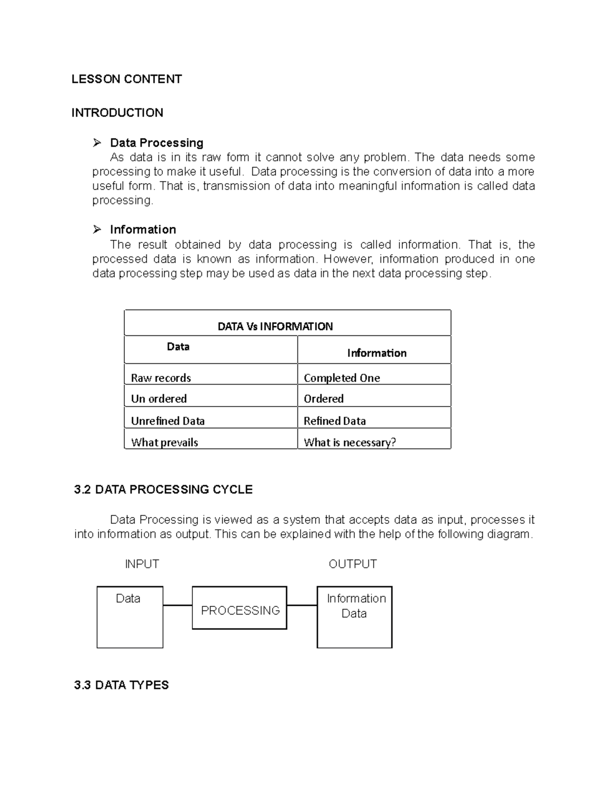 WHAT IS DATA Processing - LESSON CONTENT INTRODUCTION Ø Data Processing ...
