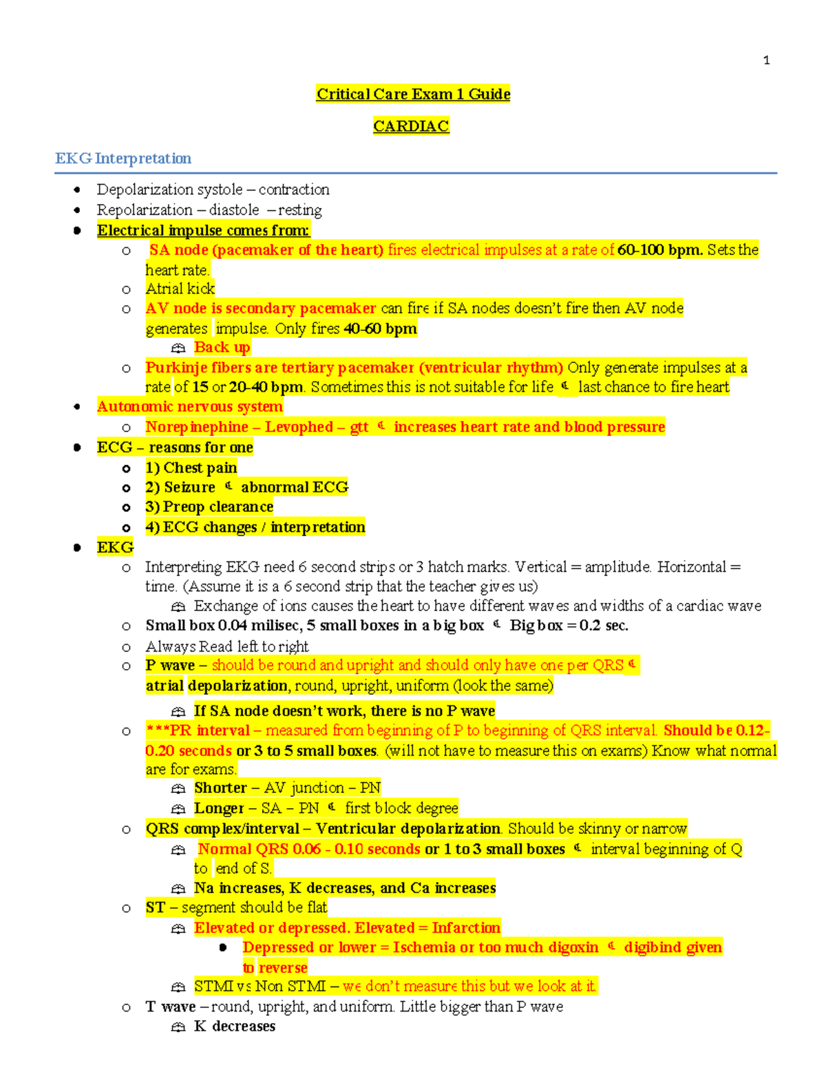 Cardio Notes 1 - Cardiac test summary - Critical Care Exam 1 Guide ...