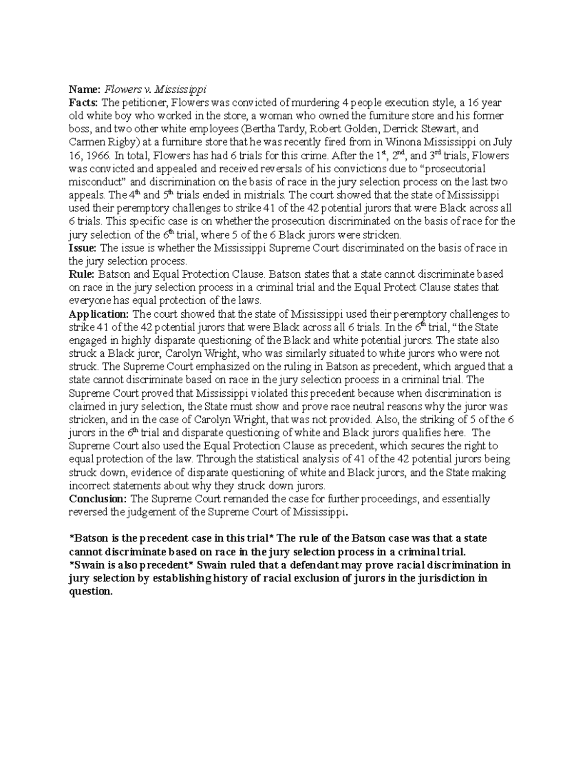 Thomas Case Briefs Name Flowers v. Mississippi Facts The petitioner