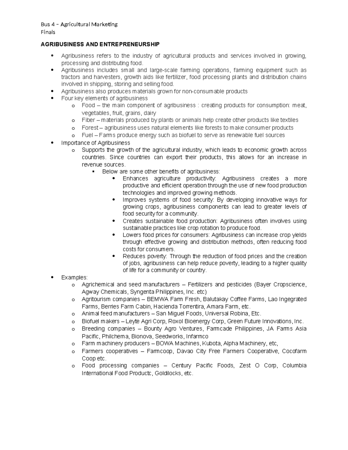 Agribusiness AND Entrepreneurship finals - Bus 4 – Agricultural ...