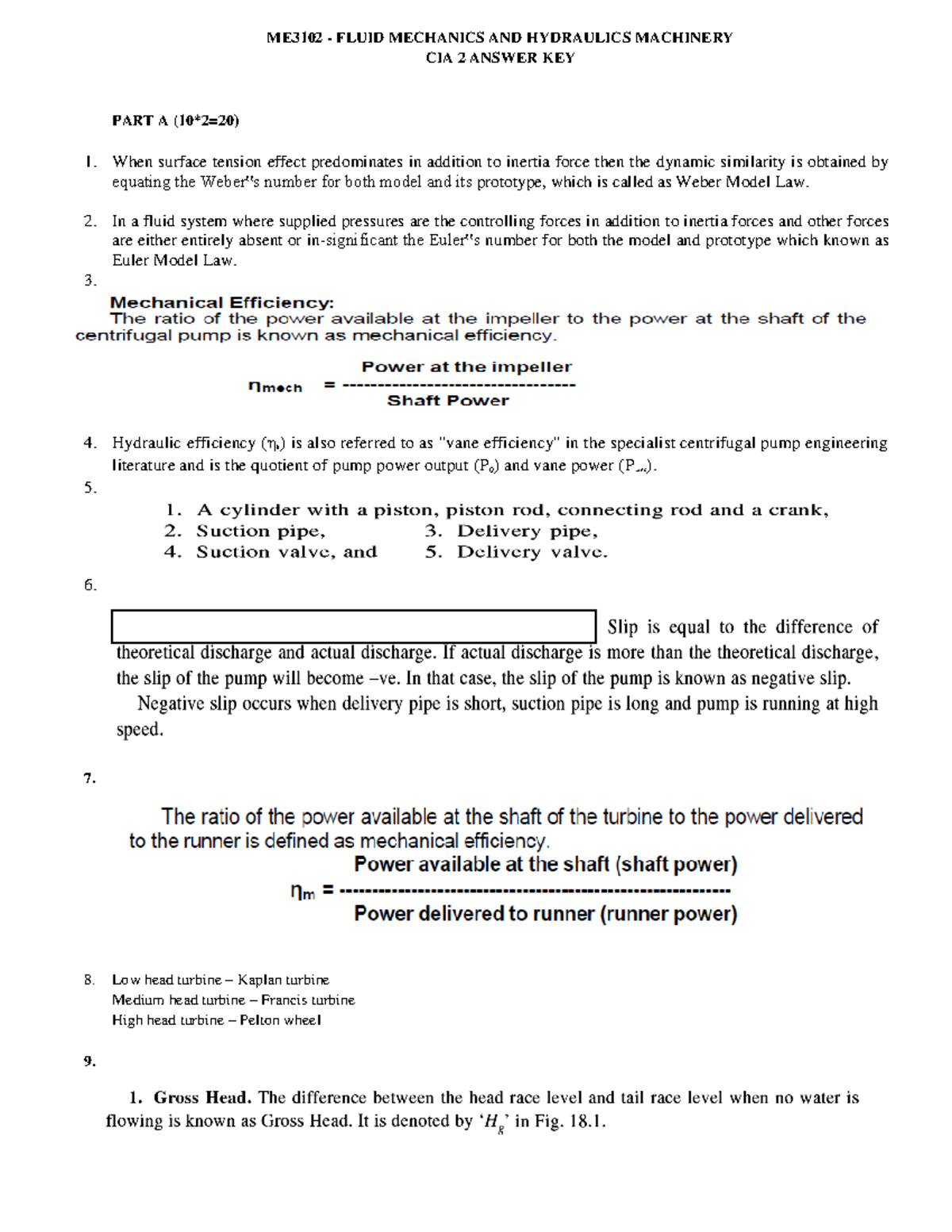 FMM CIA 2 Answer KEY ME3102 FLUID MECHANICS AND HYDRAULICS