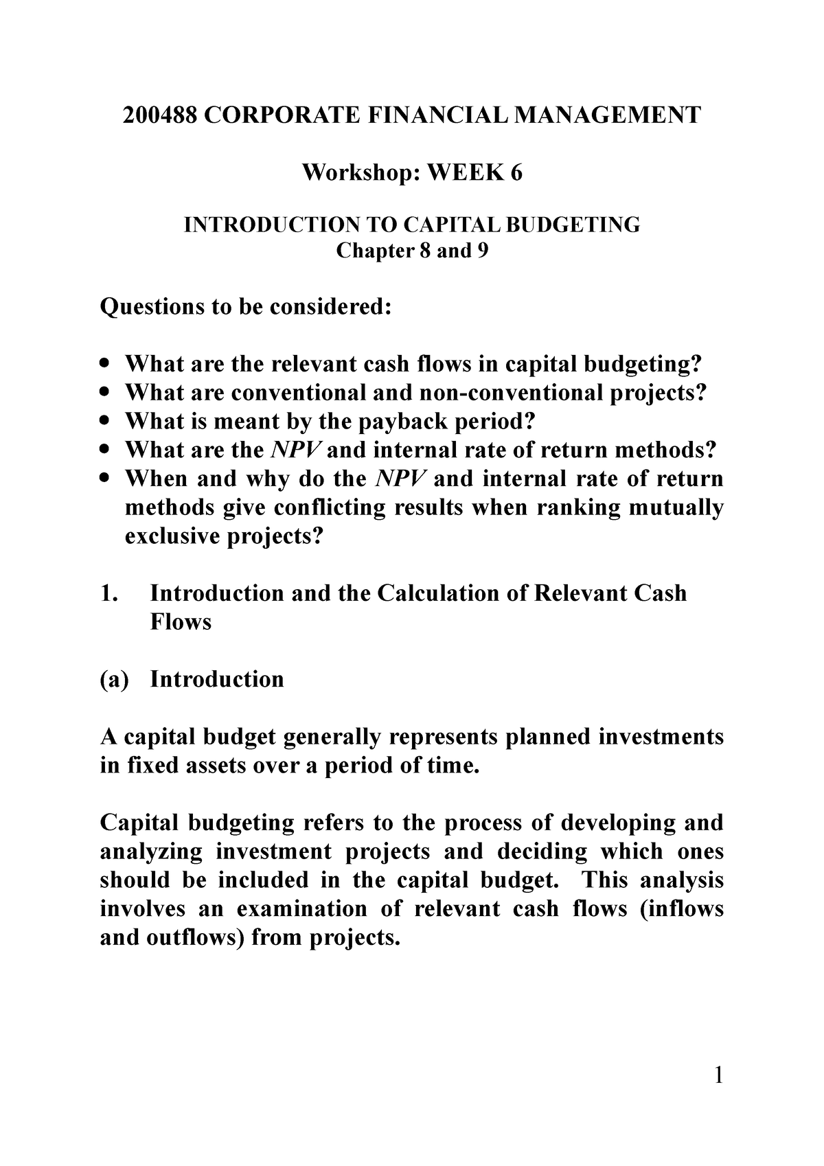 Workshop 6 Intro Capital Budgeting - 200488 CORPORATE FINANCIAL ...