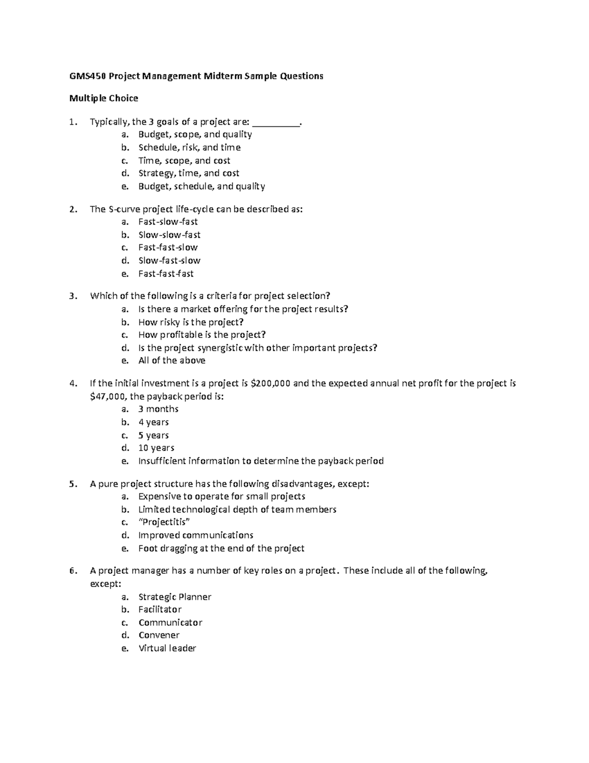 Midterm Review Questions - GMS450 Project Management Midterm Sample ...