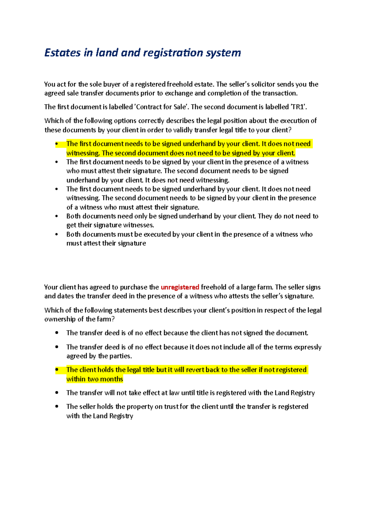 Land formative adapt MCQs Estates in land and registration system You