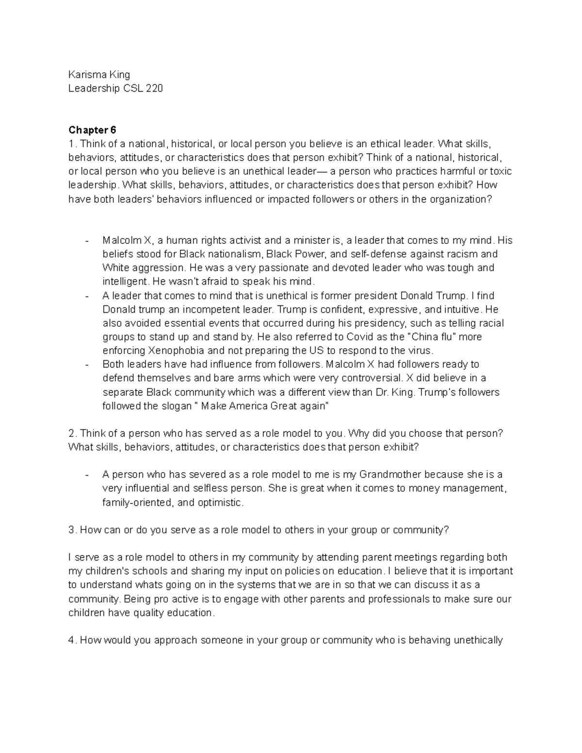 Chapters 6&7 leadership - Karisma King Leadership CSL 220 Chapter 6 ...
