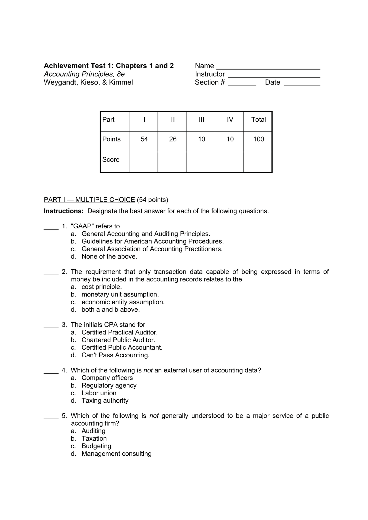 Chapter 1 And 2 - Achievement Test 1: Chapters 1 And 2 Name 