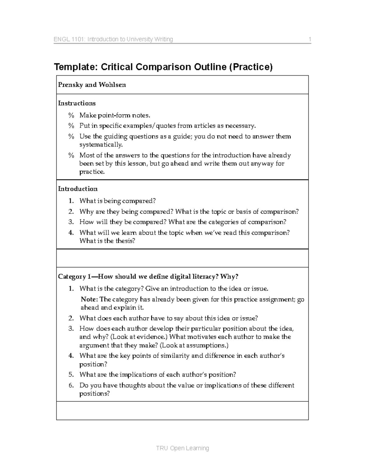 ENGL1101 Critical Comparison Outline Template Practice - ENGL 1101 ...