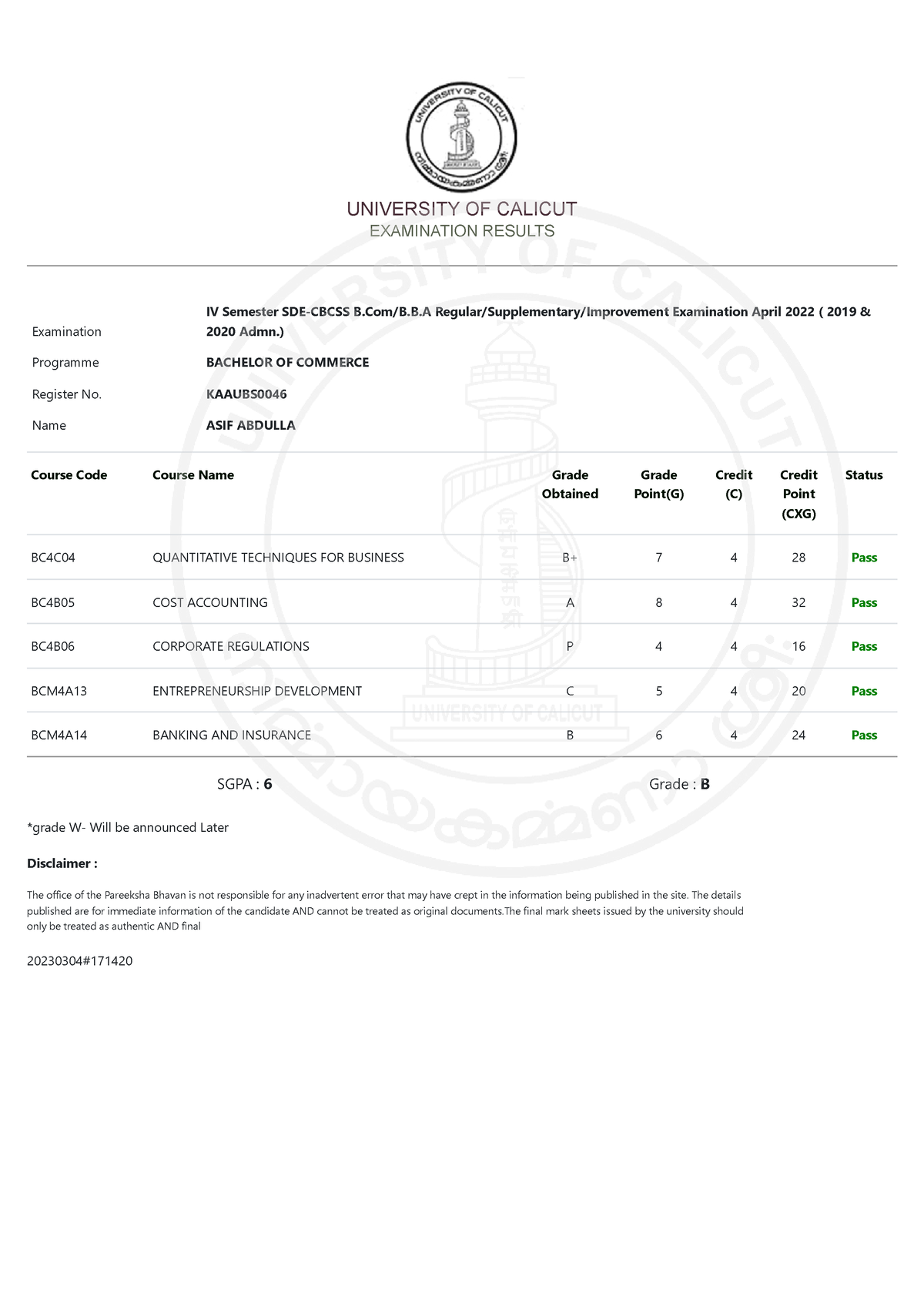 Asif 4th sem - UNIVERSITY OF CALICUT EXAMINATION RESULTS Examination IV ...