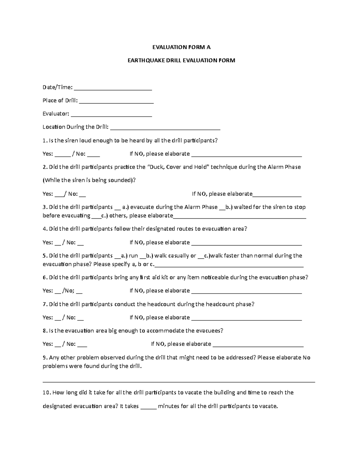 Evaluation Form Earthquake Drill Evaluation Form A Earthquake Drill Evaluation Form Datetime 4907