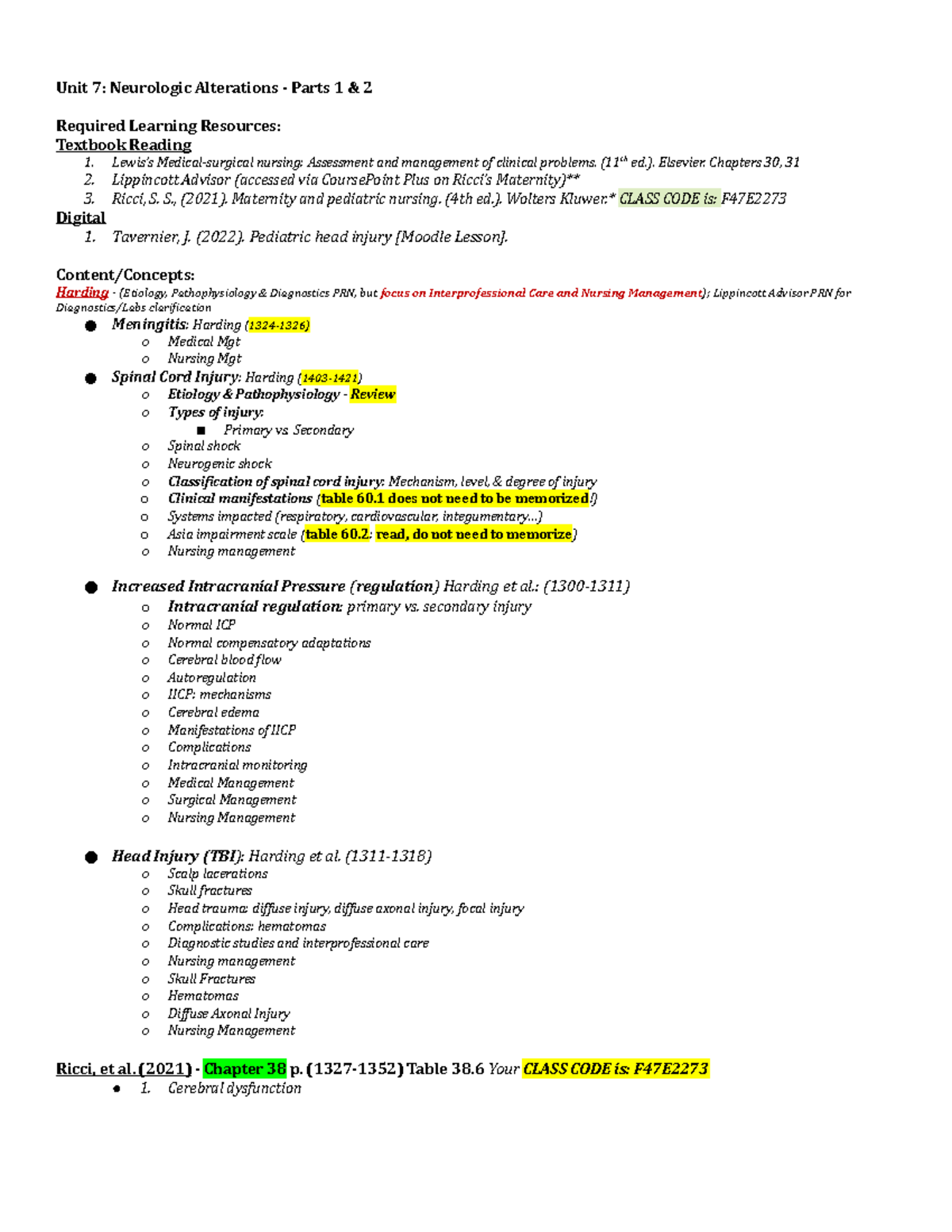 Acute Neuro Alterations - Unit 7: Neurologic Alterations - Parts 1 & 2 ...