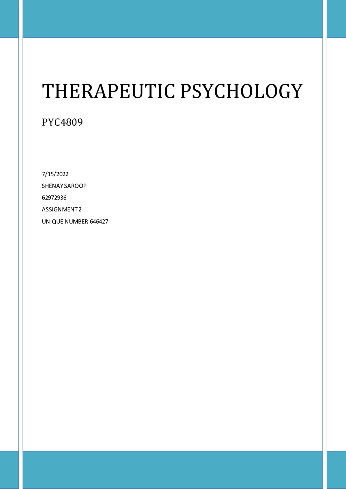 Therapeutic Psychology Assignment 2 - THERAPEUTIC PSYCHOLOGY PYC 7/15 ...