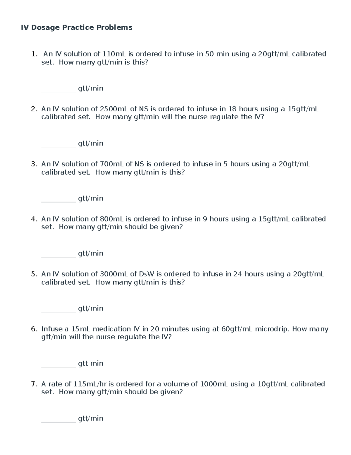IV Dosage- Practice questions - IV Dosage Practice Problems An IV ...