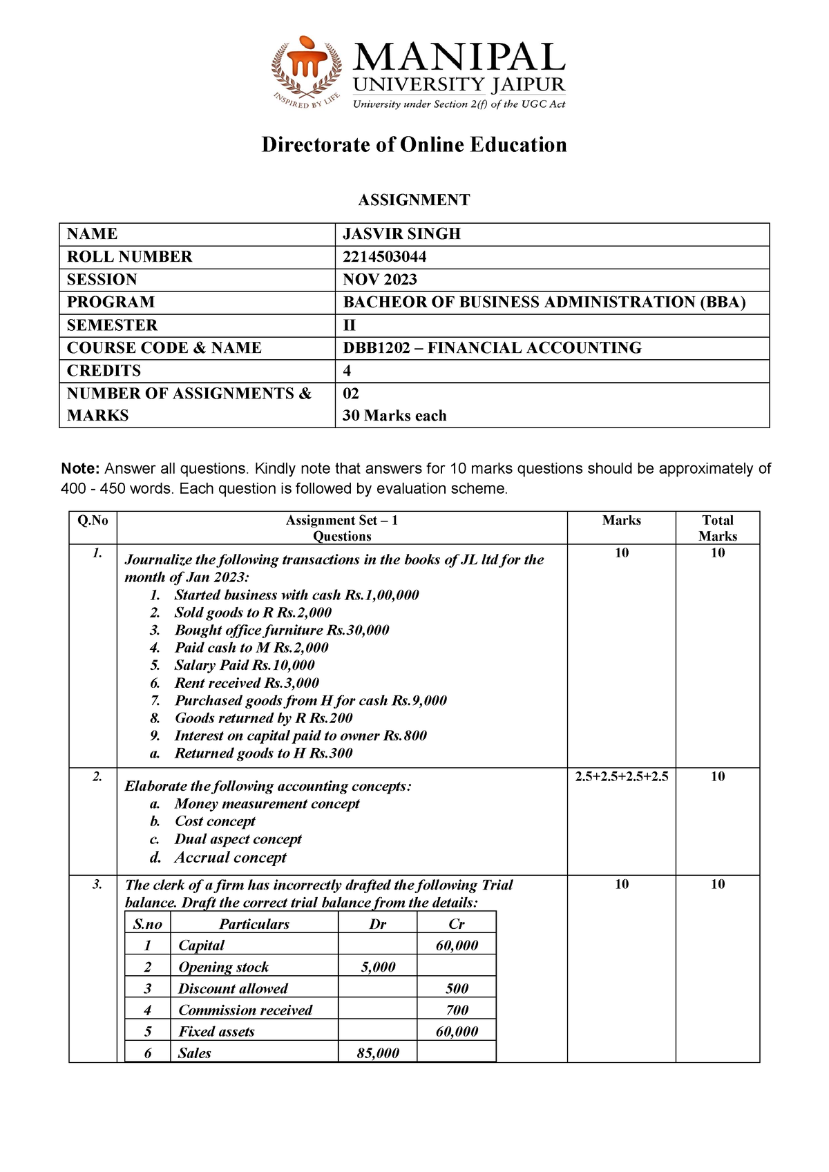 Assignment Dbb1202 Bba Ii Sem Assignment Name Jasvir Singh Roll