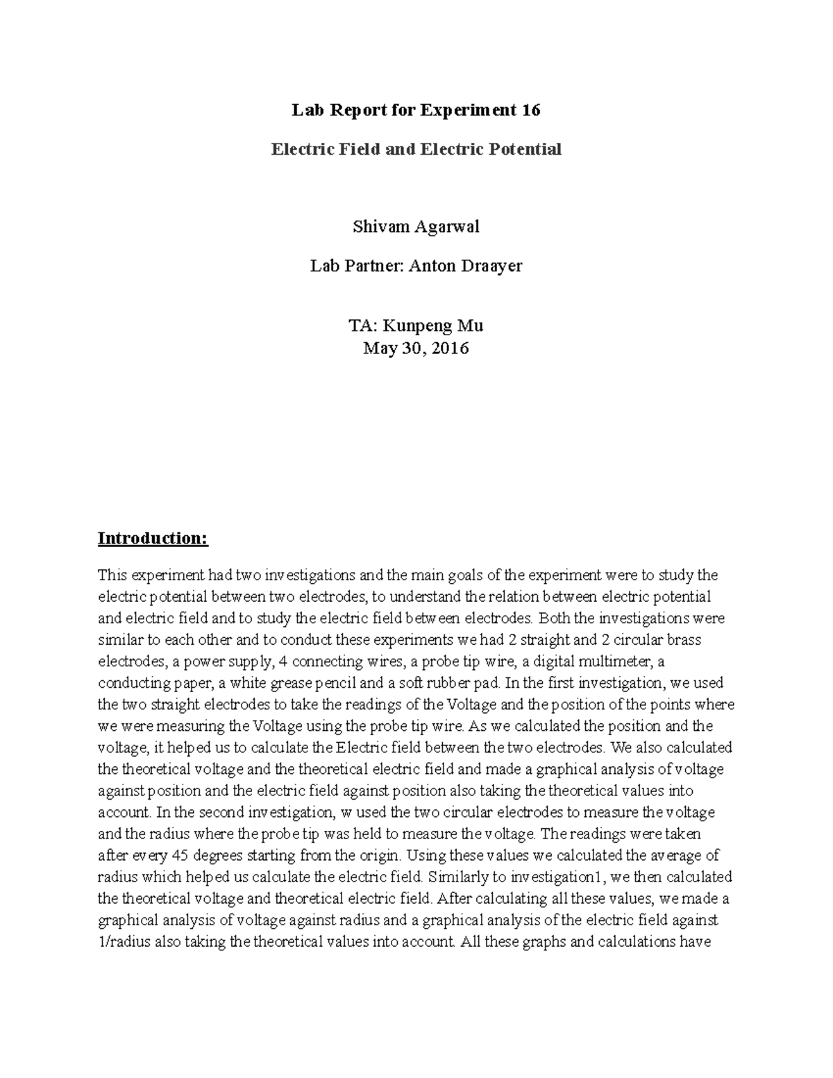 Lab 3 This is a Lab report for a physics experiment on Electric Field