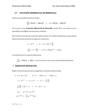 Capitulo  Ecuacion Diferencial DE Bernoulli - 2 ECUACIÓN DIFERENCIAL DE  BERNOULLI Toda ecuación - Studocu