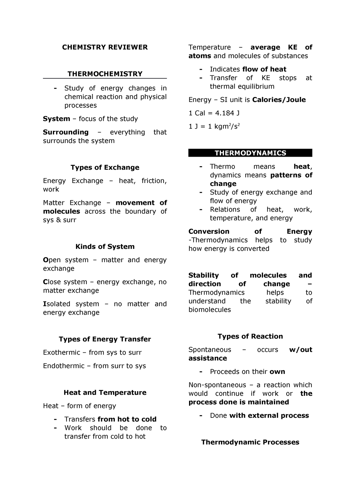 Chemistry Reviewer - CHEMISTRY REVIEWER THERMOCHEMISTRY Study Of Energy ...