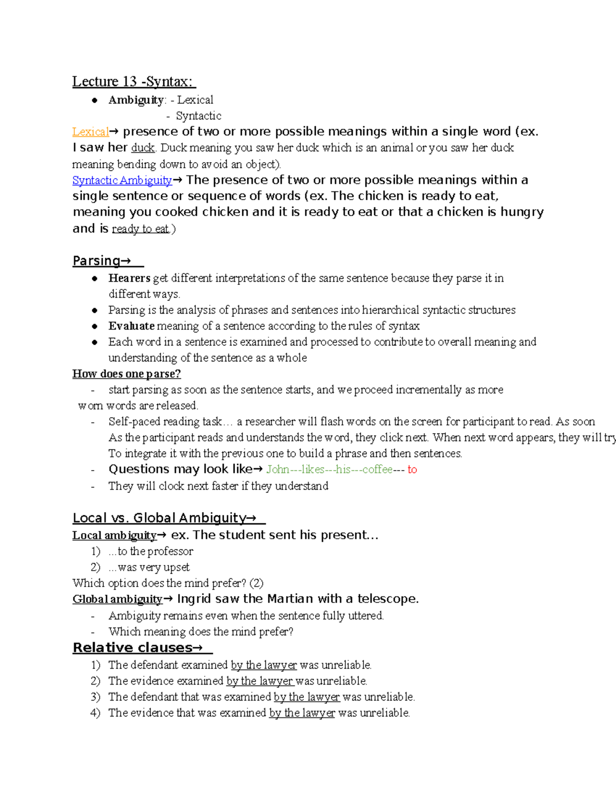 Psych Ling Study guide - Lecture 13 -Syntax: Ambiguity: - Lexical ...