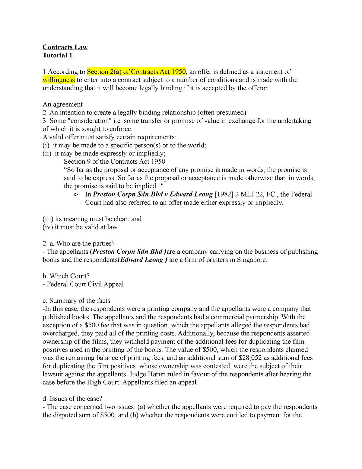 Contracts Law (Tuto 1) - This Document Answers Most Of The Questions ...