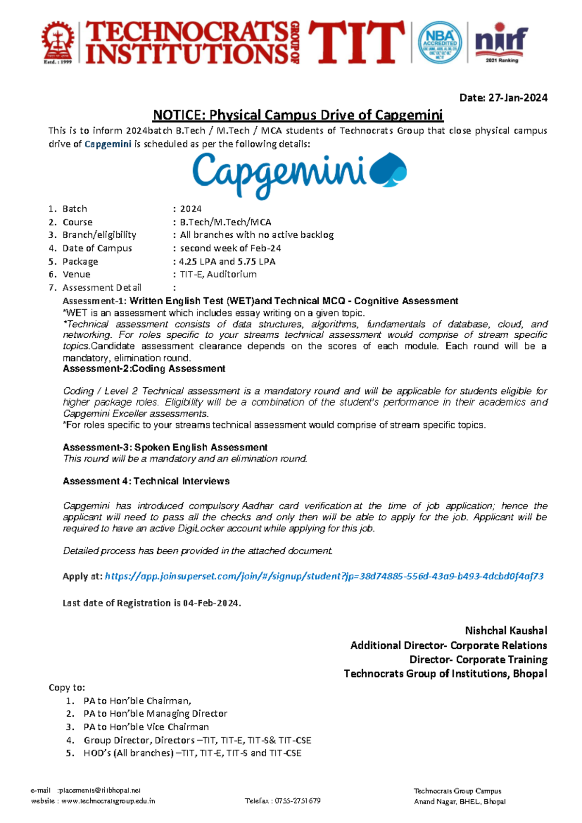 Notice Capgemini - hejkasjfskjf - e-mail :placements@titbhopal website ...